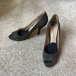 Gray suede peep toe pumps
